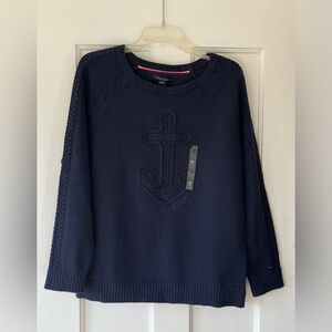 Tommy Hilfiger Women Crew-neck Sweater, Boat Anchor Knit Logo, Navy Blue Size M